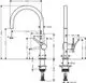 Hansgrohe Spültischmischer mit einer hohen geschwungenen Auslaufform, Einhebelmischer und flexibler Bedienhebelposition. Technische Zeichnung mit Maßangaben.